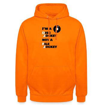 Je suis un blagueur de disques, pas un DJ - Sweat-shirt à capuche unisexe - orange - Devant - AI Model Male 185 light (185cm) & AI Model Female 180 light (180cm)
