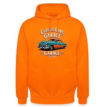Klassische Autos Garage Druck - Unisex Hoodie - Orange - Vorne - AI Model Male 185 light (185cm) & AI Model Female 180 light (180cm)