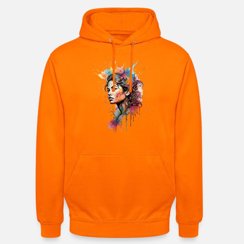 Fille à l’aquarelle : Portrait arc-en-ciel éclaboussé - Sweat-shirt à capuche unisexe - orange