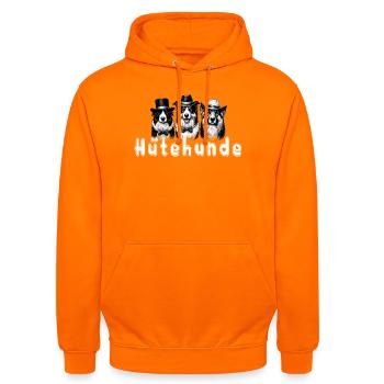 Hütehunde Trio mit Zylinder - Unisex Hoodie - Orange - Vorne - AI Model Male 185 light (185cm) & AI Model Female 180 light (180cm)
