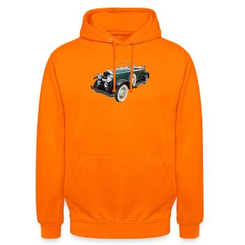 Historisches Auto - Unisex Hoodie - Orange - Vorne - AI Model Male 185 light (185cm) & AI Model Female 180 light (180cm)