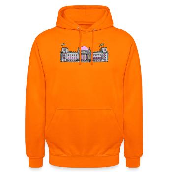 Der Bundestag in Berlin mit Regenbogenfahnen - Unisex Hoodie - Orange - Vorne - AI Model Male 185 light (185cm) & AI Model Female 180 light (180cm)