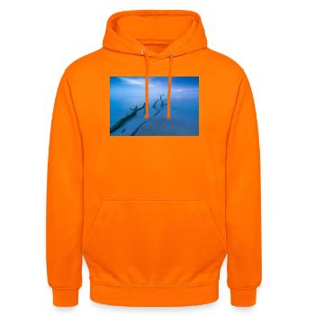 Blue hour on the west beach - Unisex Hoodie - orange - Front - AI Model Male 185 light (185cm) & AI Model Female 180 light (180cm)
