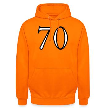 70. 70 ANS. 70e ANNIVERSAIRE. ANNIVERSAIRE 70 ANS. - Sweat-shirt à capuche unisexe - orange - Devant - AI Model Male 185 light (185cm) & AI Model Female 180 light (180cm)