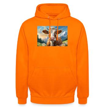 Vache joyeuse dans le panorama alpin - Sweat-shirt à capuche unisexe - orange - Devant - AI Model Male 185 light (185cm) & AI Model Female 180 light (180cm)