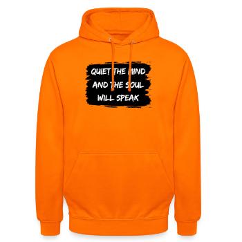 Ruhe Geist Spricht – Zitat Motiv Spiritualität - Unisex Hoodie - Orange - Vorne - AI Model Male 185 light (185cm) & AI Model Female 180 light (180cm)