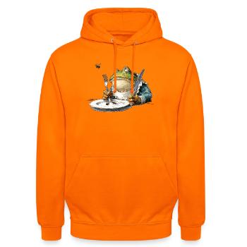 Grenouille galante à la table à manger - Sweat-shirt à capuche unisexe - orange - Devant - AI Model Male 185 light (185cm) & AI Model Female 180 light (180cm)