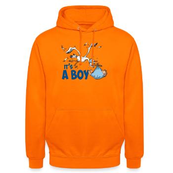 Storch mit dem kleinen Jungen; "Es ist ein Junge" - Unisex Hoodie - Orange - Vorne - AI Model Male 185 light (185cm) & AI Model Female 180 light (180cm)