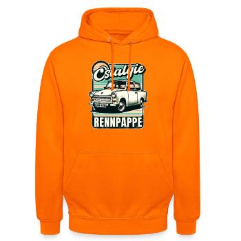Ostalgie Rennpappe – 601 Trabi DDR Retro - Unisex Hoodie - Orange - Vorne - AI Model Male 185 light (185cm) & AI Model Female 180 light (180cm)
