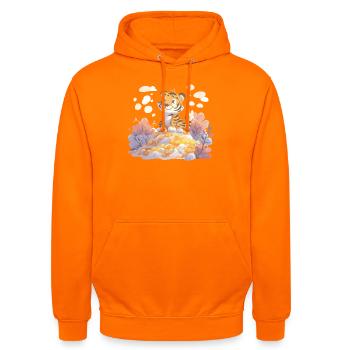 Tigerjunge auf Goldschatz im Herbstwald - Unisex Hoodie - Orange - Vorne - AI Model Male 185 light (185cm) & AI Model Female 180 light (180cm)