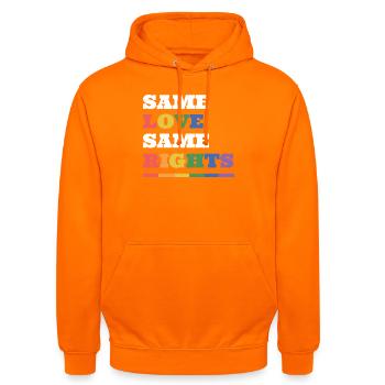 LGBTQ Pride Month - Gleiche Liebe, gleiche Rechte - Unisex Hoodie - Orange - Vorne - AI Model Male 185 light (185cm) & AI Model Female 180 light (180cm)