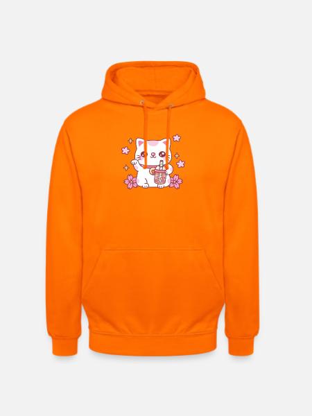 Süße Maneki-Neko-Katze mit rosa Boba-Tee - Unisex Hoodie - Orange