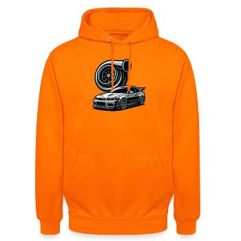 Silhouette détaillée de l’automobile et de la turbine - Sweat-shirt à capuche unisexe - orange - Devant - AI Model Male 185 light (185cm) & AI Model Female 180 light (180cm)