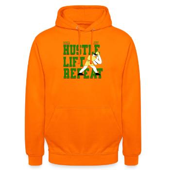 Hustle Lift Repeat – Gym Lifestyle - Unisex Hoodie - orange - Front - AI Model Male 185 light (185cm) & AI Model Female 180 light (180cm)