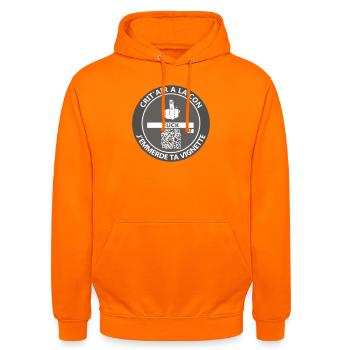 Blöder Crit'air-Aufkleber - Unisex Hoodie - Orange - Vorne - AI Model Male 185 light (185cm) & AI Model Female 180 light (180cm)