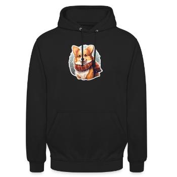 Welsh Corgi im Winter mit Schal - Unisex Hoodie - Schwarz - Vorne - Alina (178cm) & Michal (187cm)