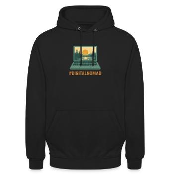Digitaler Laptop Reisender & Natur bei Sonnenaufgang - Unisex Hoodie - Schwarz - Vorne - Alina (178cm) & Michal (187cm)