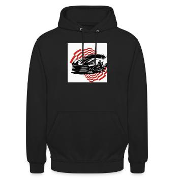 Ein Sportwagen mit dynamischem Stil - Unisex Hoodie - Schwarz - Vorne - Alina (178cm) & Michal (187cm)