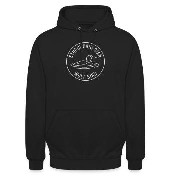 Blödes kanadisches Wolf-Vogel-Enten-Grafikdesign - Unisex Hoodie - Schwarz - Vorne - Alina (178cm) & Michal (187cm)