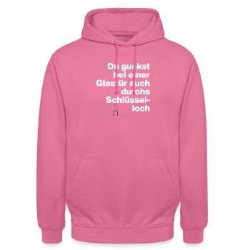 GLASTÜR AUCH DURCHS SCHLÜSSELLOCH GUCKEN, DUMM - Unisex Hoodie - Pink - Vorne - Alina (178cm) & Michal (187cm)