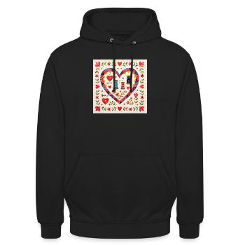Patchwork Herz mit Garnen - Unisex Hoodie - Schwarz - Vorne - Alina (178cm) & Michal (187cm)