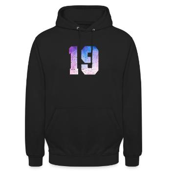numéro 19 – Cadeau anniversaire 19 ans - Sweat-shirt à capuche unisexe - noir - Devant - Alina (178cm) & Michal (187cm)
