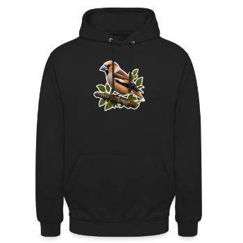 Edler Kernbeißer Sticker – Detailreiche Natur-Illu - Unisex Hoodie - Schwarz - Vorne - Alina (178cm) & Michal (187cm)