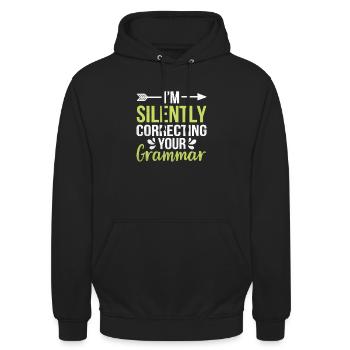 Ich korrigiere im Stillen deinen Grammatik-Sarkasmus - Unisex Hoodie - Schwarz - Vorne - Alina (178cm) & Michal (187cm)