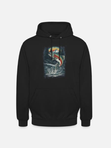 Springende Regenbogenforelle – Retro Anglermotiv - Unisex Hoodie - Schwarz