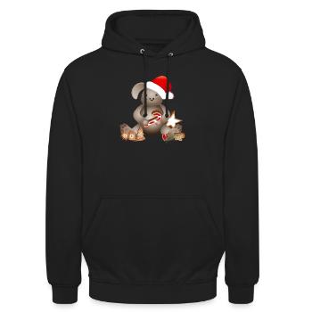 goldiger Hase für Weihnachten mit Weihnachtsmütze - Unisex Hoodie - Schwarz - Vorne - Alina (178cm) & Michal (187cm)