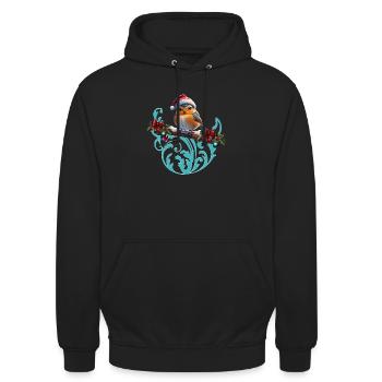 Niedlicher Weihnachtsvogel, der auf einem überdachten Ast sitzt - Unisex Hoodie - Schwarz - Vorne - Alina (178cm) & Michal (187cm)