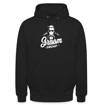 Groom "Groom Squad" Logo with Suit and Bow Tie - Unisex Hoodie - black - Front - Alina (178cm) & Michal (187cm)