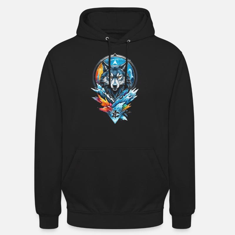 Geometric wolf water and fire - Unisex Hoodie - black