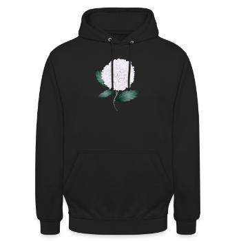 Weiße Hortensienblüte – Eleganz und Leichtigkeit - Unisex Hoodie - Schwarz - Vorne - Alina (178cm) & Michal (187cm)