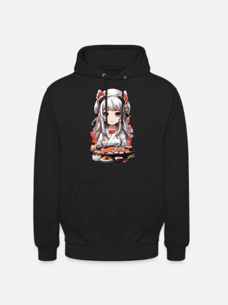 Kawaii Anime Sushi Master con orecchie di gatto - Felpa con cappuccio unisex - nero