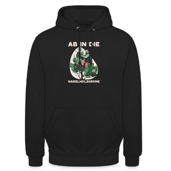 Ab in die Nadelholzkrone, Zapfenpflücker - Unisex Hoodie - Schwarz - Vorne - Alina (178cm) & Michal (187cm)