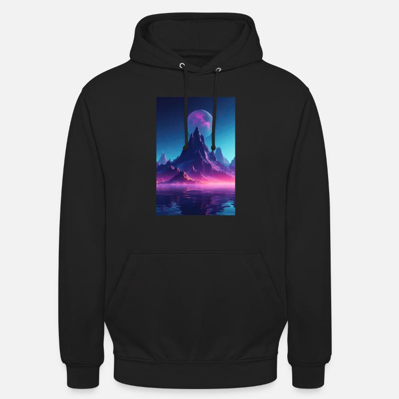 Retro Bergmelodie: Eine Synthwave Ode an der See Unisex Hoodie