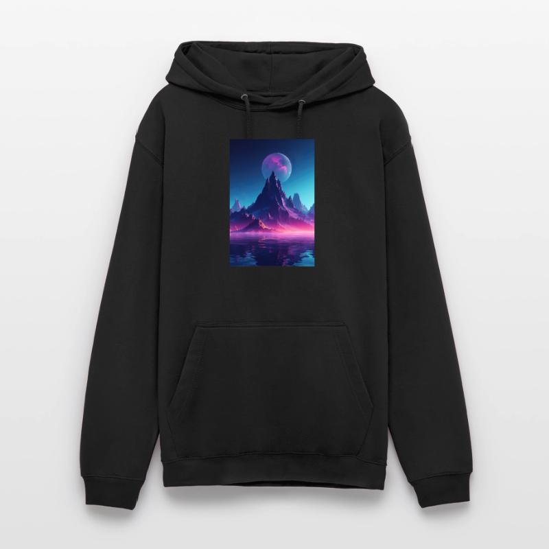 Retro Bergmelodie: Eine Synthwave Ode an der See Unisex Hoodie