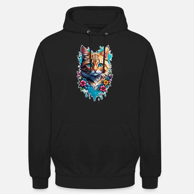 chat et fleur aquarelle - Sweat-shirt à capuche unisexe - noir