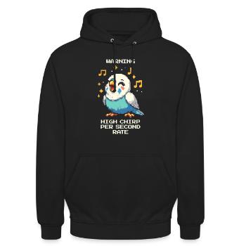 Warnung: Hohe Zwitscherfrequenz | Wellensittich - Unisex Hoodie - Schwarz - Vorne - Alina (178cm) & Michal (187cm)