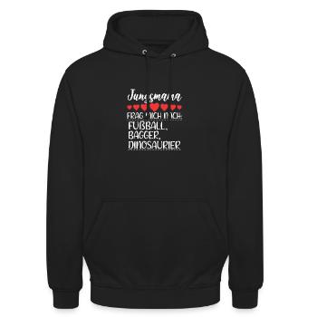 Jungsmama Frag mich nach Fußball, Bagger, - Unisex Hoodie - Schwarz - Vorne - Alina (178cm) & Michal (187cm)