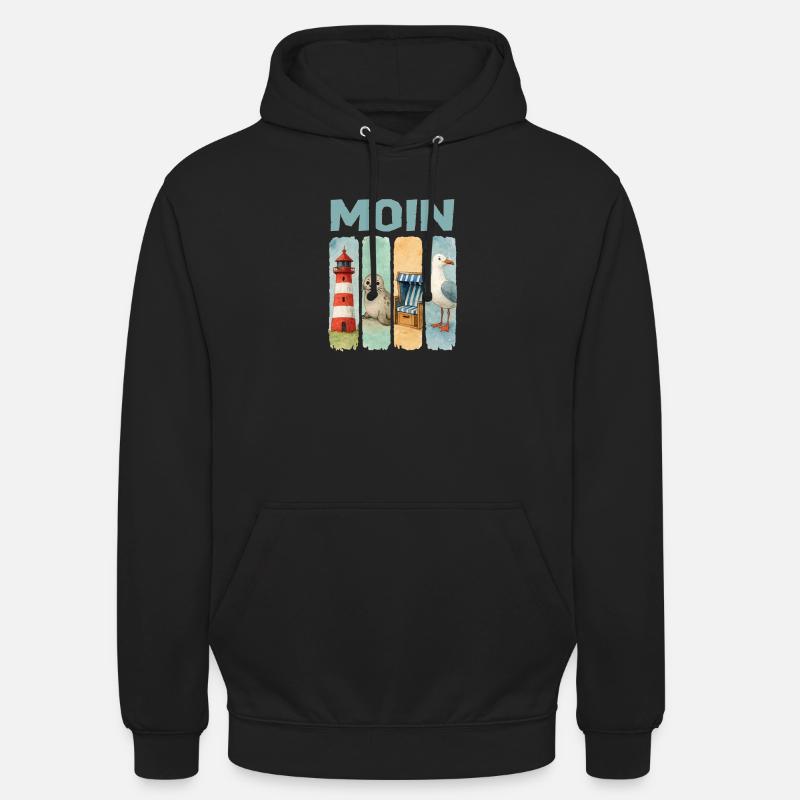Phare de Moin, chaise de plage avec phoques, côte des mouettes - Sweat-shirt à capuche unisexe - noir