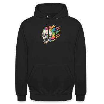 Psychedelischer Totenkopf im Feuerdesign - Unisex Hoodie - Schwarz - Vorne - Alina (178cm) & Michal (187cm)