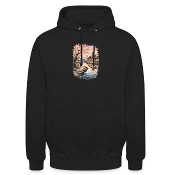 Traditioneller Japanischer Kirschblüten - Unisex Hoodie - Schwarz - Vorne - Alina (178cm) & Michal (187cm)