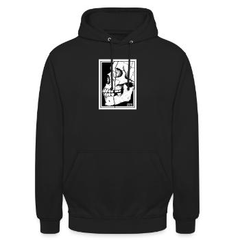 Zerbrochenes Schädelporträt - Unisex Hoodie - Schwarz - Vorne - Alina (178cm) & Michal (187cm)
