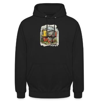 CONTAINED BUT FREE - Modern Shipping Container Art - Unisex Hoodie - black - Front - Alina (178cm) & Michal (187cm)