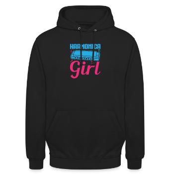Funny Harmonica Player Girl Harmonica - Unisex Hoodie - Schwarz - Vorne - Alina (178cm) & Michal (187cm)