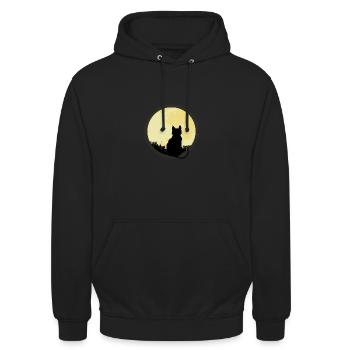 Katze schaut bei Nacht auf Vollmond - Unisex Hoodie - Schwarz - Vorne - Alina (178cm) & Michal (187cm)