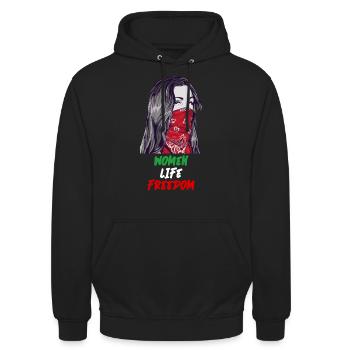 Women Life Freedom Iranische Flagge Frauenrechte - Unisex Hoodie - Schwarz - Vorne - Alina (178cm) & Michal (187cm)