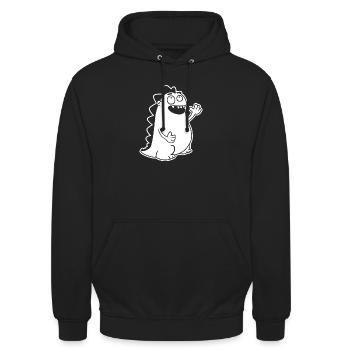 Dino winkend – Kawaii, Cartoon & Urzeit-Freude - Unisex Hoodie - Schwarz - Vorne - Alina (178cm) & Michal (187cm)
